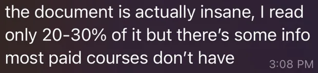 A reader saying the document has info most paid courses do not have